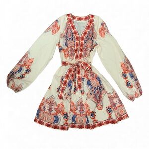 Commense Long Sleeve Floral Print Belted Dress XS